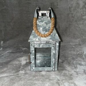 Industrial Galvanized Metal Lantern with Thick Rope Handle Gray Farmhouse Decor